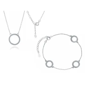 Elegancki rodowany srebrny komplet celebrytka kółka circle ring białe cyrkonie srebro 925