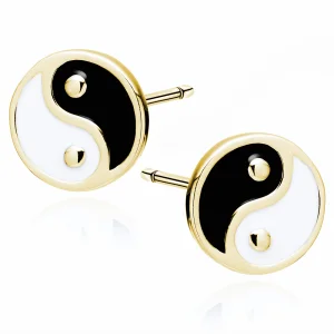 Delikatne okrągłe pozłacane srebrne kolczyki yin yang czarna emalia srebro 925 Delikatne okrągłe pozłacane srebrne kolczyki yin yang czarna emalia srebro 925